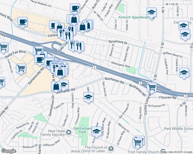 map of restaurants, bars, coffee shops, grocery stores, and more near 2609 Belmont Lane in Antioch