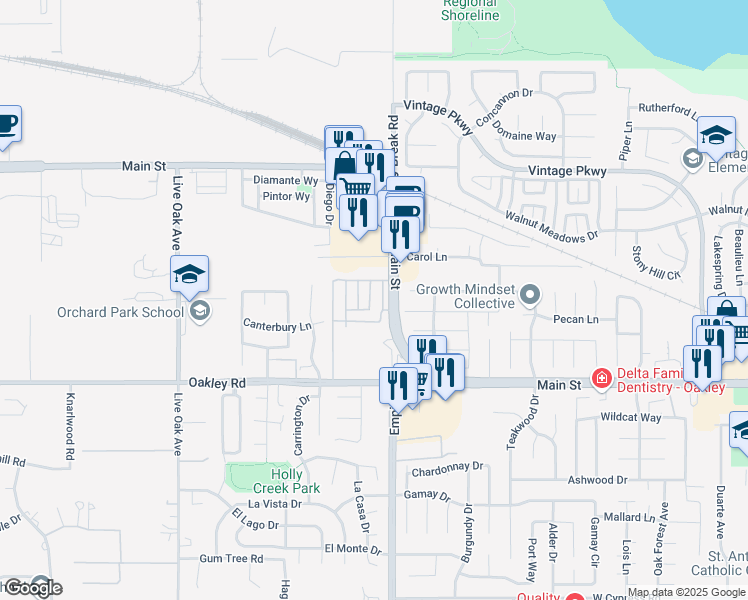 map of restaurants, bars, coffee shops, grocery stores, and more near 19 Otsego Street in Oakley