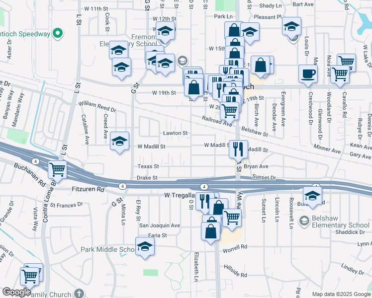 map of restaurants, bars, coffee shops, grocery stores, and more near 307 West Madill Street in Antioch