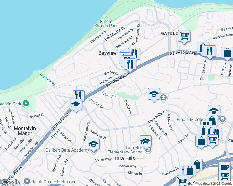 map of restaurants, bars, coffee shops, grocery stores, and more near 912 Waterford Place in Pinole