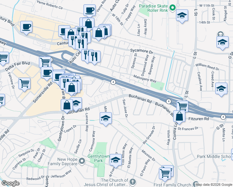 map of restaurants, bars, coffee shops, grocery stores, and more near 2608 Rutgers Lane in Antioch