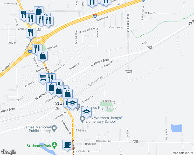 map of restaurants, bars, coffee shops, grocery stores, and more near 503 East Springfield Street in Saint James