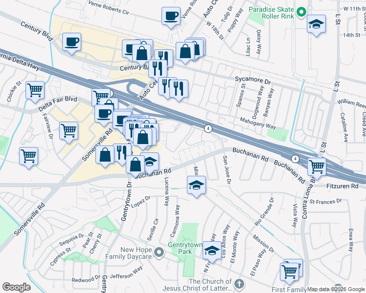 map of restaurants, bars, coffee shops, grocery stores, and more near 2005 San Jose Drive in Antioch