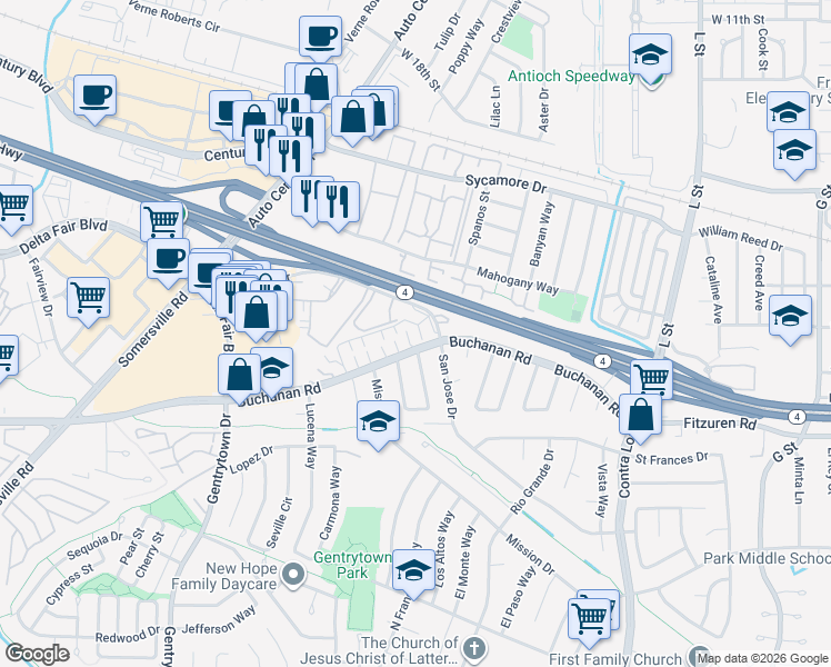 map of restaurants, bars, coffee shops, grocery stores, and more near 2608 Rutgers Lane in Antioch