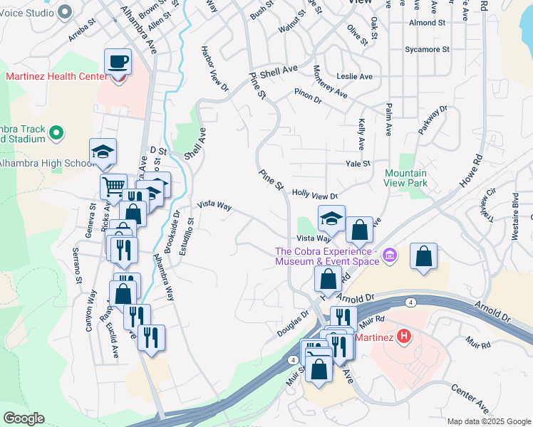 map of restaurants, bars, coffee shops, grocery stores, and more near 350 Paloma Court in Martinez