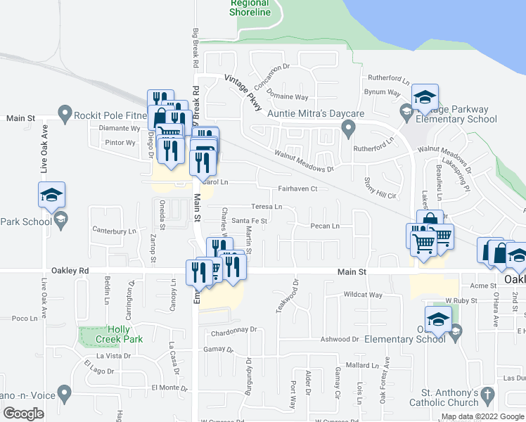 map of restaurants, bars, coffee shops, grocery stores, and more near 1809 Teresa Lane in Oakley