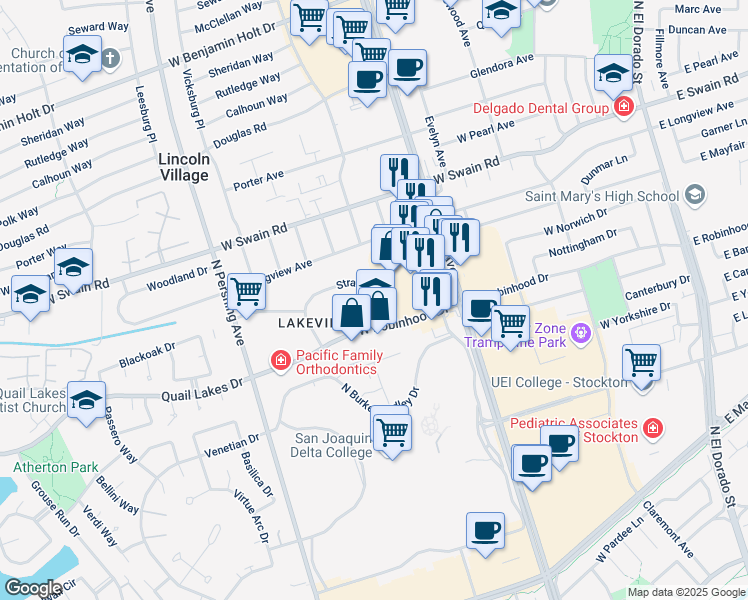 map of restaurants, bars, coffee shops, grocery stores, and more near 5630 Stratford Circle in Stockton