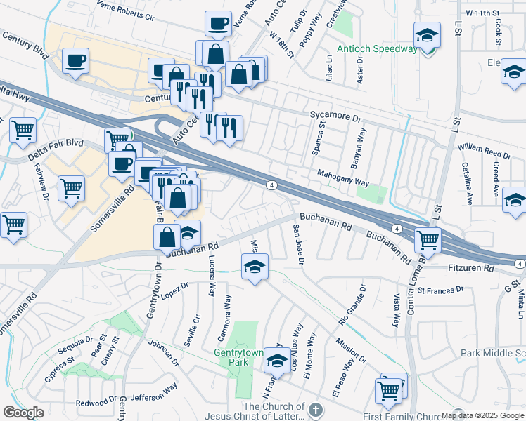 map of restaurants, bars, coffee shops, grocery stores, and more near 2504 Bishop Lane in Antioch