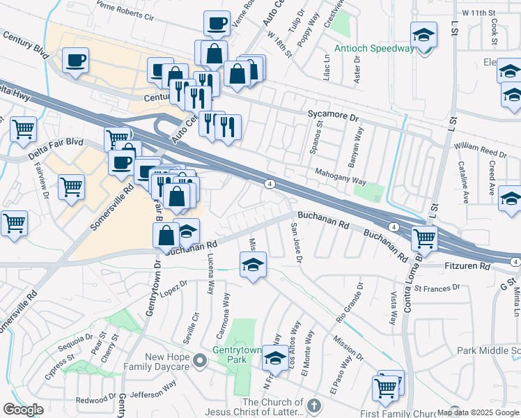 map of restaurants, bars, coffee shops, grocery stores, and more near 2504 Bishop Lane in Antioch