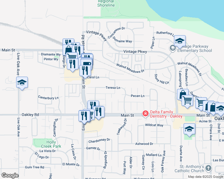 map of restaurants, bars, coffee shops, grocery stores, and more near 1809 Teresa Lane in Oakley