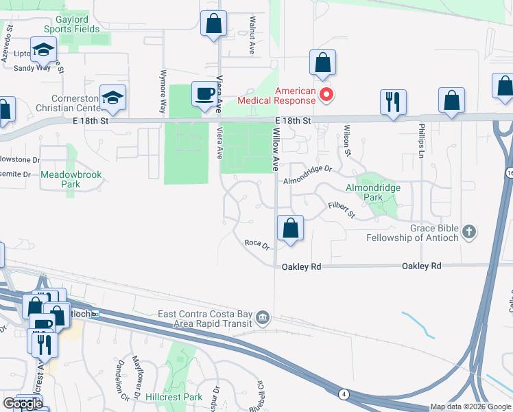 map of restaurants, bars, coffee shops, grocery stores, and more near 2520 Brazil Drive in Antioch
