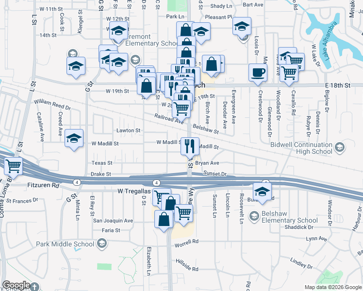 map of restaurants, bars, coffee shops, grocery stores, and more near 2208 A Street in Antioch
