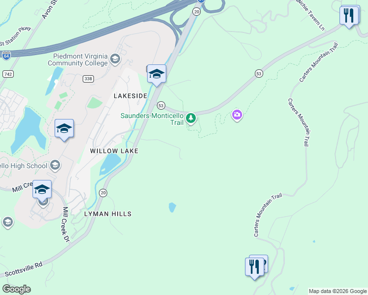 map of restaurants, bars, coffee shops, grocery stores, and more near Saunders-Monticello Trail in Charlottesville