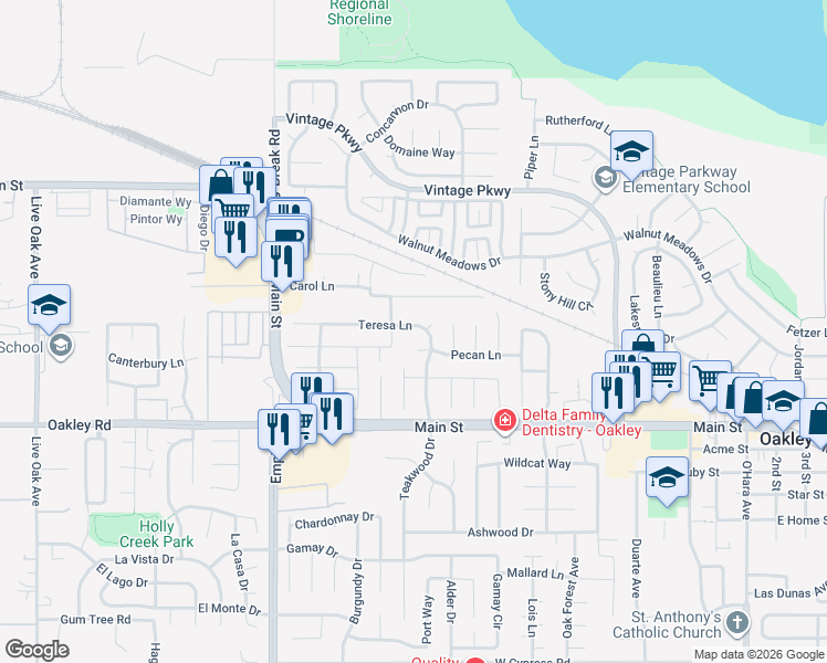 map of restaurants, bars, coffee shops, grocery stores, and more near 1750 Teresa Lane in Oakley
