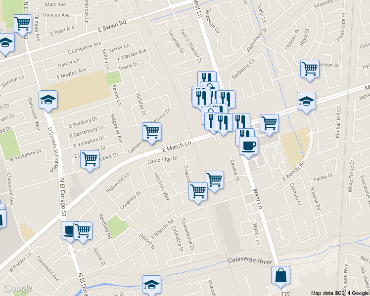 map of restaurants, bars, coffee shops, grocery stores, and more near 4949 Greensboro Way in Stockton