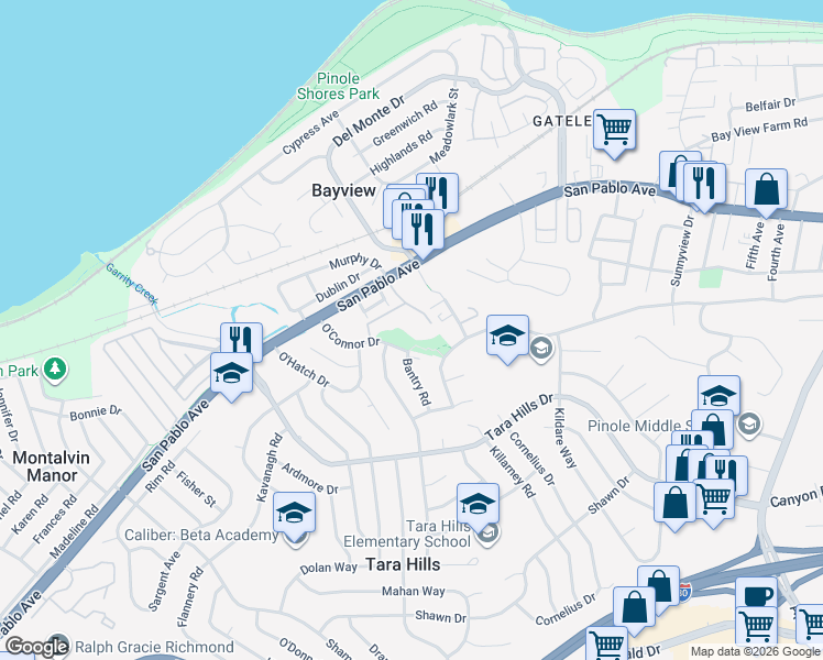 map of restaurants, bars, coffee shops, grocery stores, and more near 303 Dursey Drive in Pinole