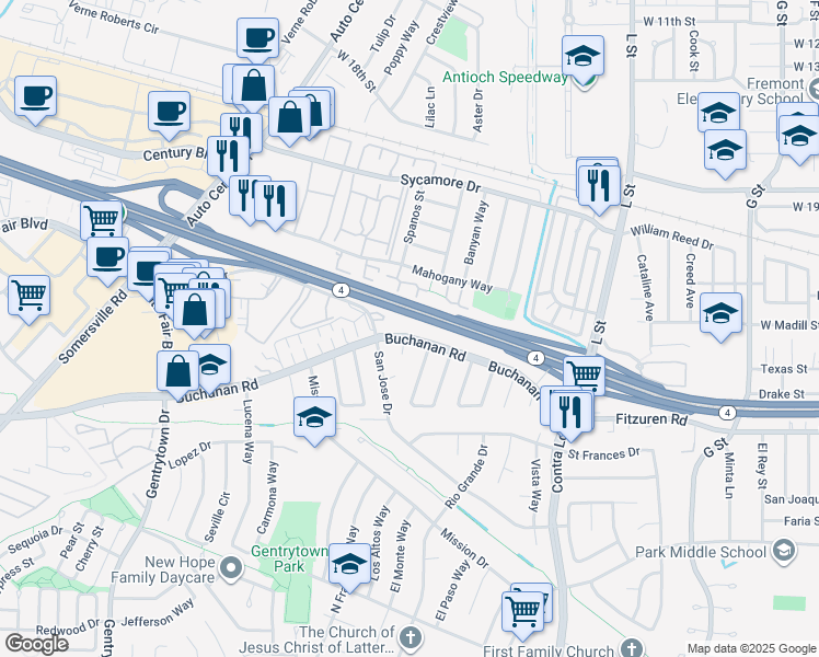map of restaurants, bars, coffee shops, grocery stores, and more near 1416 Buchanan Road in Antioch