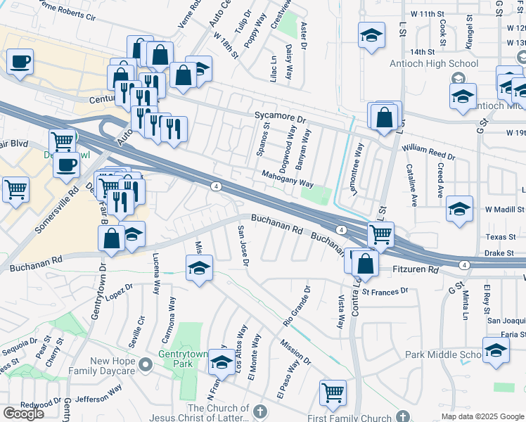 map of restaurants, bars, coffee shops, grocery stores, and more near 1412 Buchanan Road in Antioch