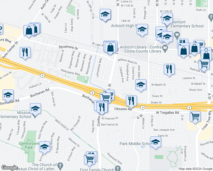 map of restaurants, bars, coffee shops, grocery stores, and more near 2412 L Street in Antioch