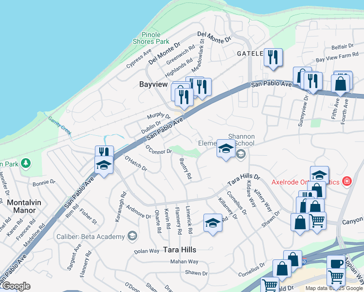 map of restaurants, bars, coffee shops, grocery stores, and more near 310 Dursey Drive in Pinole