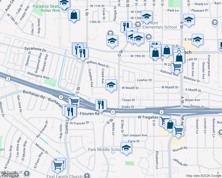 map of restaurants, bars, coffee shops, grocery stores, and more near 711 West Madill Street in Antioch