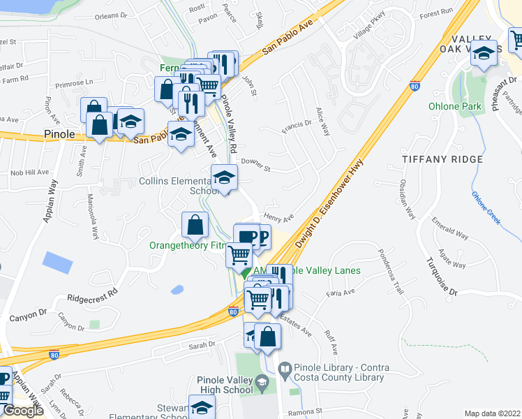 map of restaurants, bars, coffee shops, grocery stores, and more near 1249 Pinole Valley Road in Pinole
