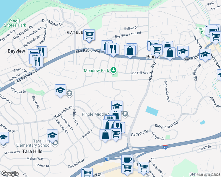 map of restaurants, bars, coffee shops, grocery stores, and more near 1121 Sunnyview Court in Pinole