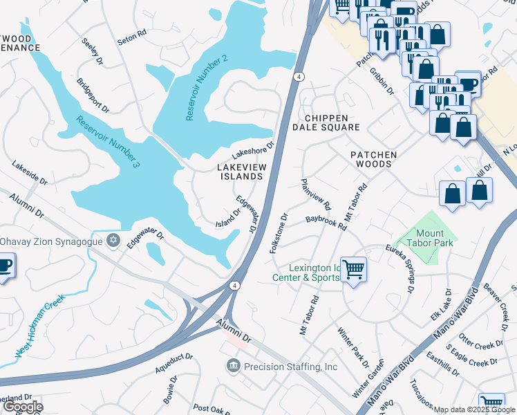 map of restaurants, bars, coffee shops, grocery stores, and more near 2188 Island Drive in Lexington