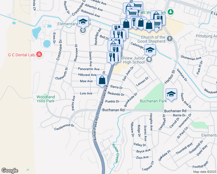 map of restaurants, bars, coffee shops, grocery stores, and more near 106 Sierra Drive in Pittsburg