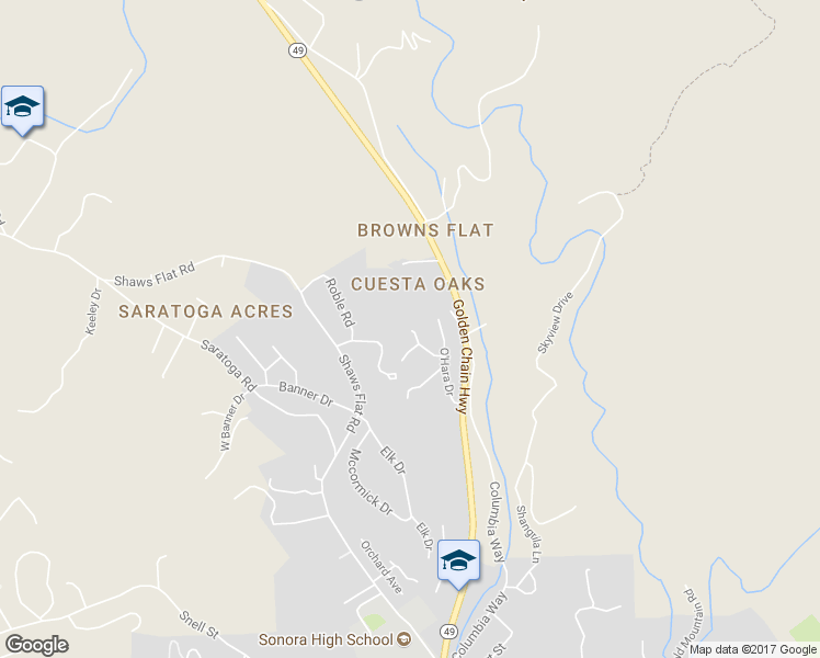 map of restaurants, bars, coffee shops, grocery stores, and more near 87 Briarwood Drive in Sonora