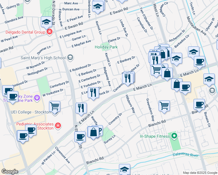 map of restaurants, bars, coffee shops, grocery stores, and more near 426 East Lancaster Drive in Stockton