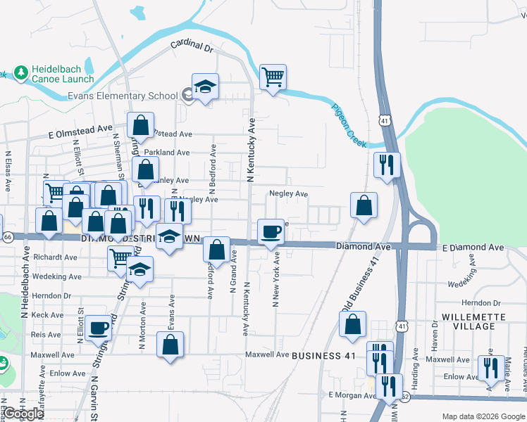 map of restaurants, bars, coffee shops, grocery stores, and more near 2421 North New York Avenue in Evansville