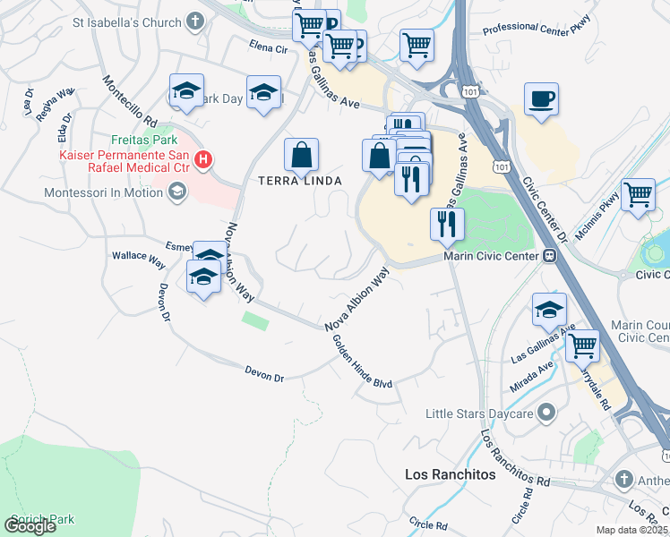 map of restaurants, bars, coffee shops, grocery stores, and more near 120 La Alondra Court in San Rafael