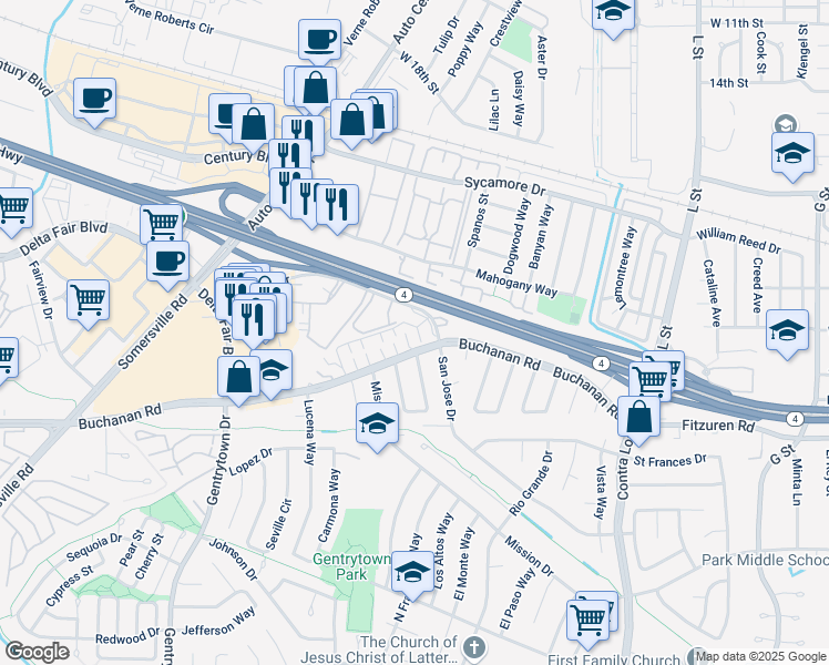 map of restaurants, bars, coffee shops, grocery stores, and more near 2612 Rutgers Lane in Antioch