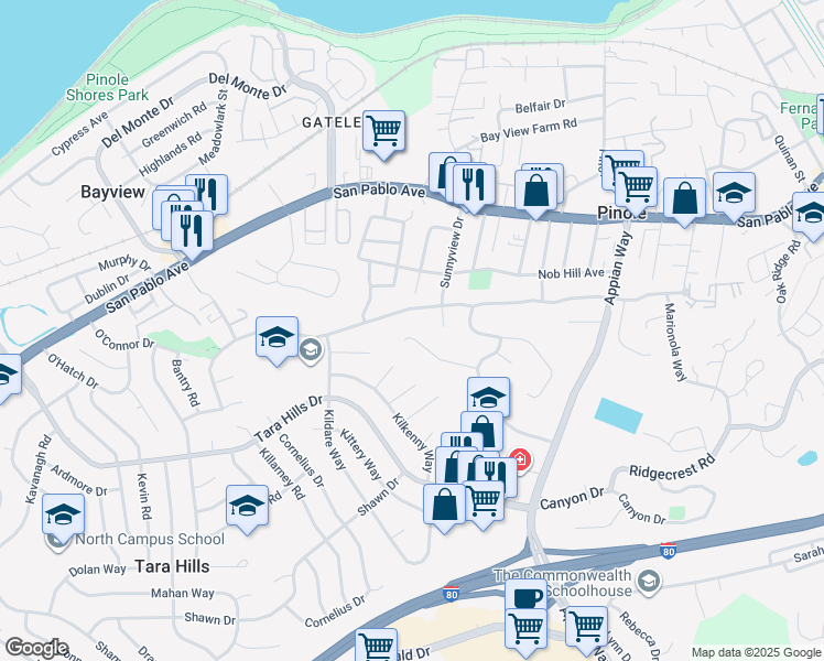 map of restaurants, bars, coffee shops, grocery stores, and more near 1060 Amend St in Pinole