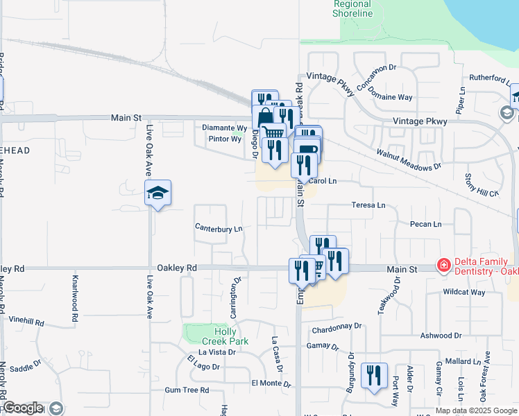 map of restaurants, bars, coffee shops, grocery stores, and more near 111 Zartop Street in Oakley
