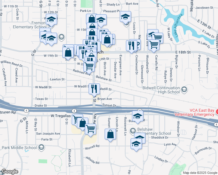 map of restaurants, bars, coffee shops, grocery stores, and more near 23 East Madill Street in Antioch