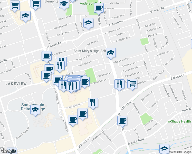 map of restaurants, bars, coffee shops, grocery stores, and more near 99 Canterbury Drive in Stockton