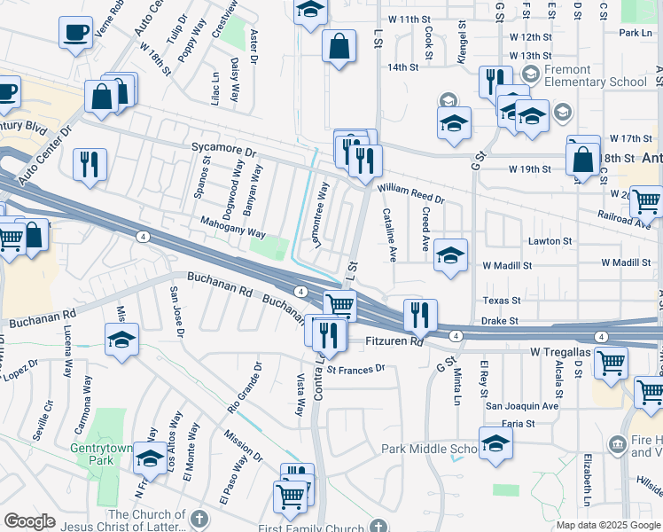 map of restaurants, bars, coffee shops, grocery stores, and more near 2404 Peppertree Court in Antioch