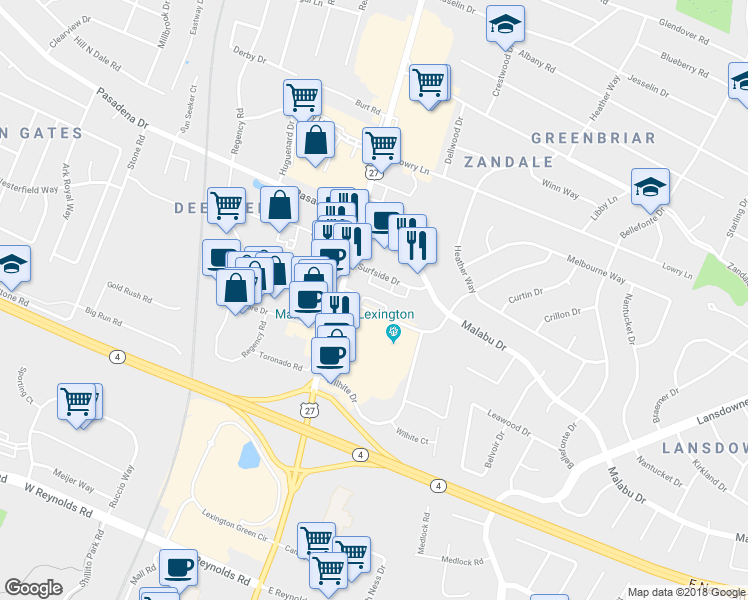 map of restaurants, bars, coffee shops, grocery stores, and more near 2553 Larkin Road in Lexington