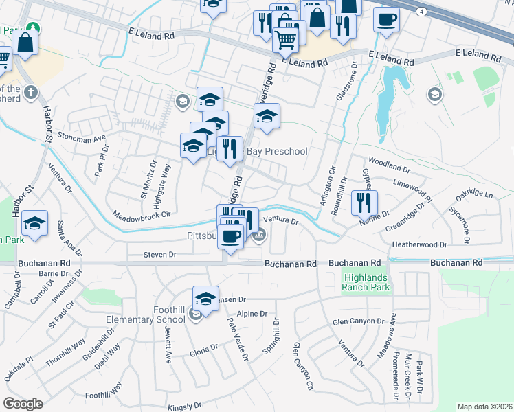 map of restaurants, bars, coffee shops, grocery stores, and more near 3039 Peppermill Circle in Pittsburg
