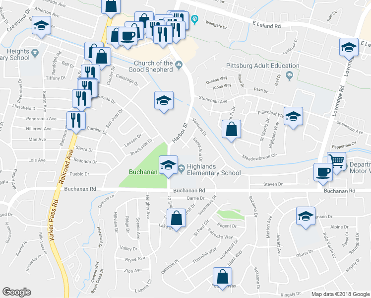 map of restaurants, bars, coffee shops, grocery stores, and more near 3869 Los Altos Place in Pittsburg