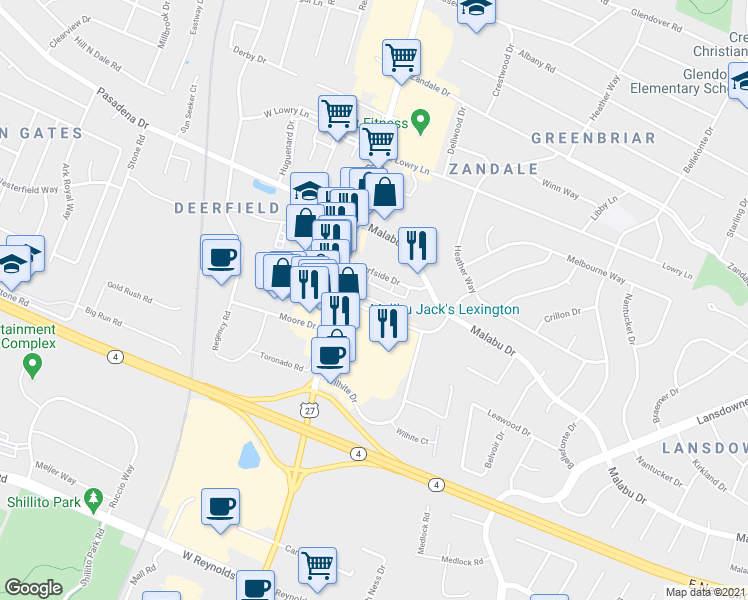 map of restaurants, bars, coffee shops, grocery stores, and more near 2553 Larkin Road in Lexington