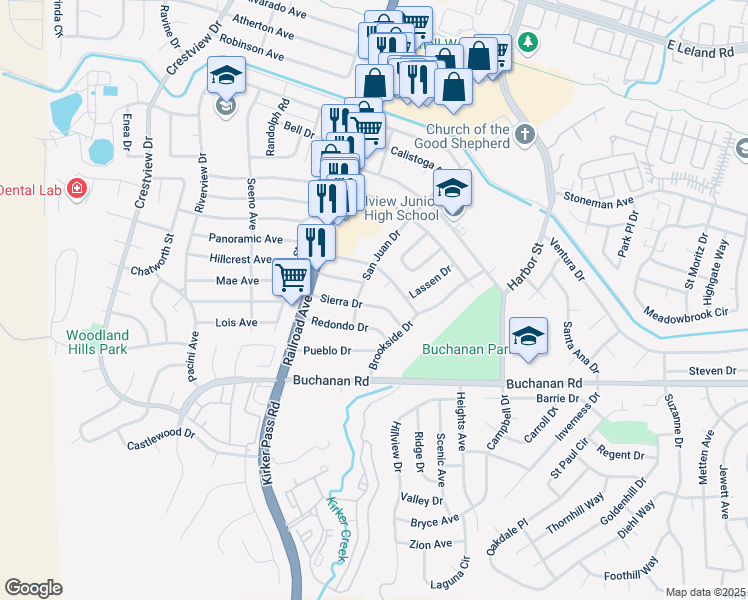 map of restaurants, bars, coffee shops, grocery stores, and more near 203 Sierra Drive in Pittsburg