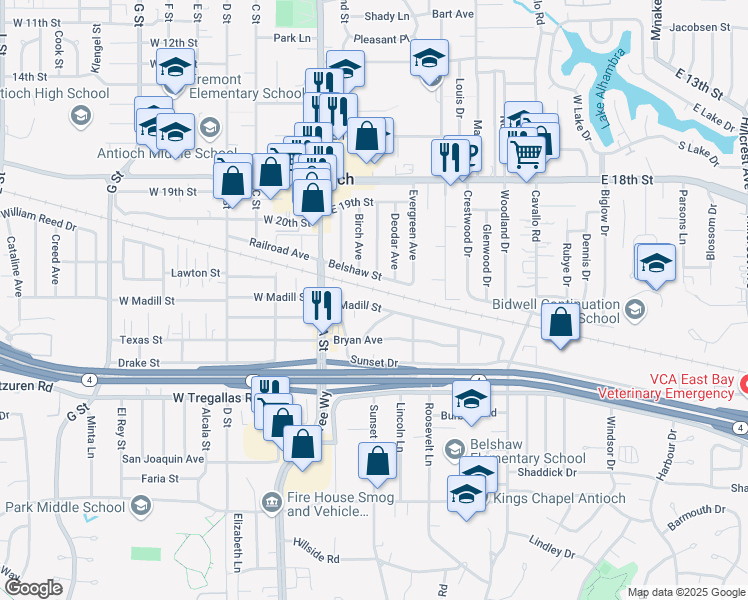 map of restaurants, bars, coffee shops, grocery stores, and more near 23 East Madill Street in Antioch
