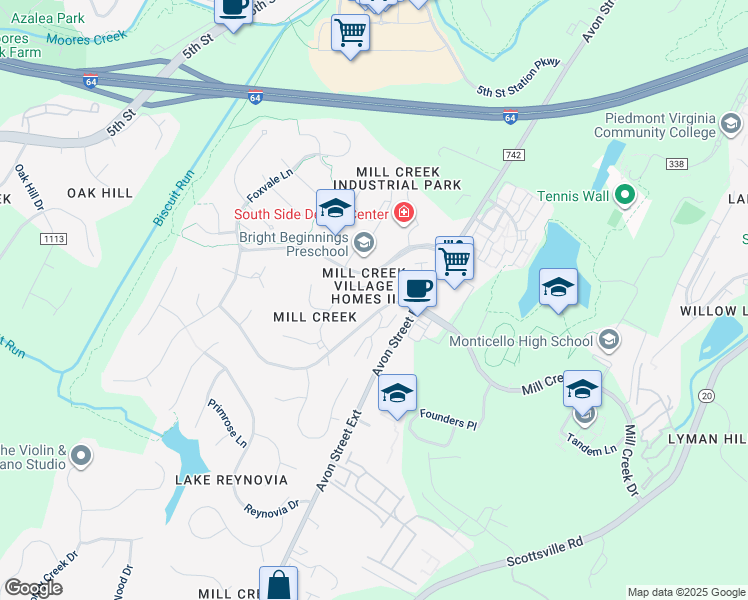 map of restaurants, bars, coffee shops, grocery stores, and more near 124 Boxwood Court in Charlottesville