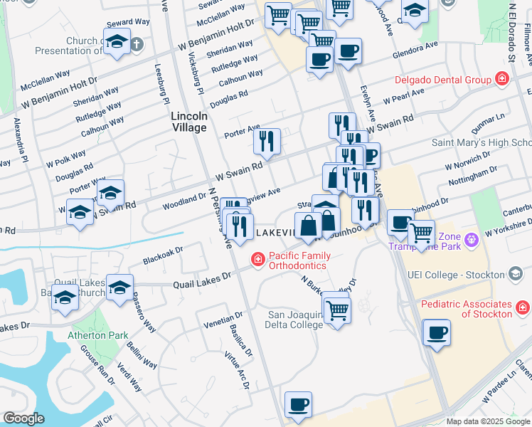 map of restaurants, bars, coffee shops, grocery stores, and more near 1249 Stratford Circle in Stockton