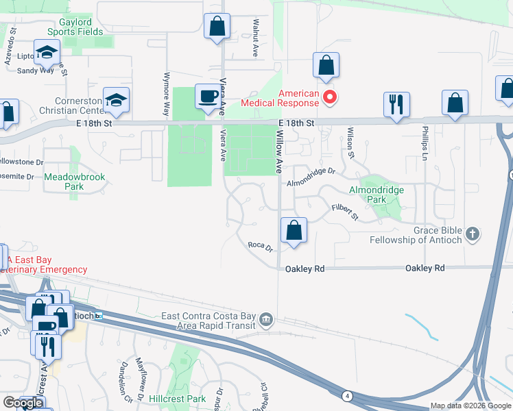 map of restaurants, bars, coffee shops, grocery stores, and more near 2524 Brazil Court in Antioch