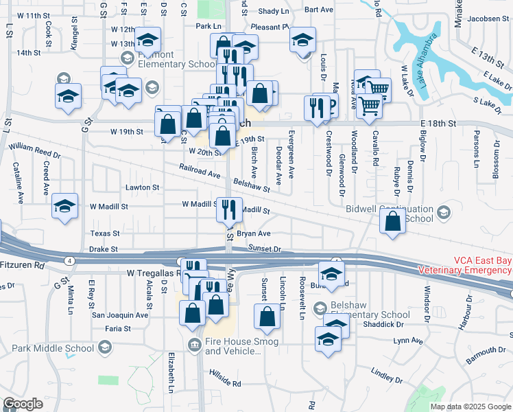 map of restaurants, bars, coffee shops, grocery stores, and more near 17 East Madill Street in Antioch
