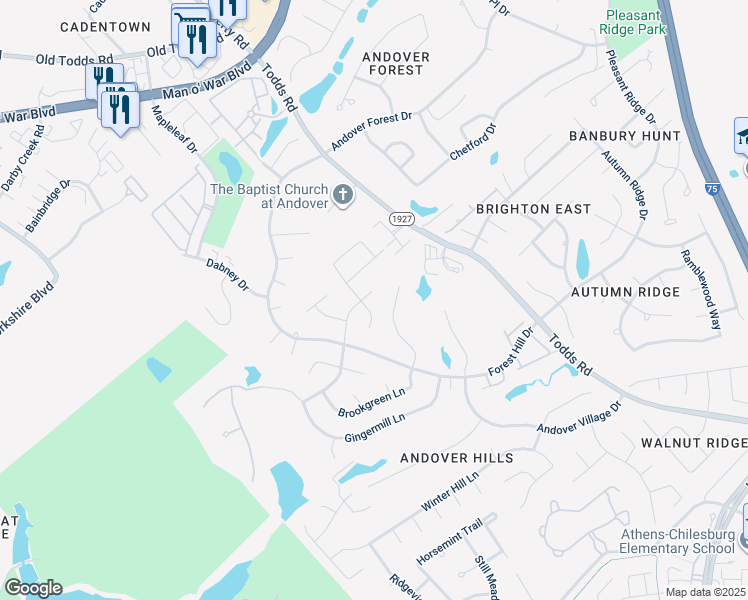 map of restaurants, bars, coffee shops, grocery stores, and more near 3525 Hunters Green Way in Lexington